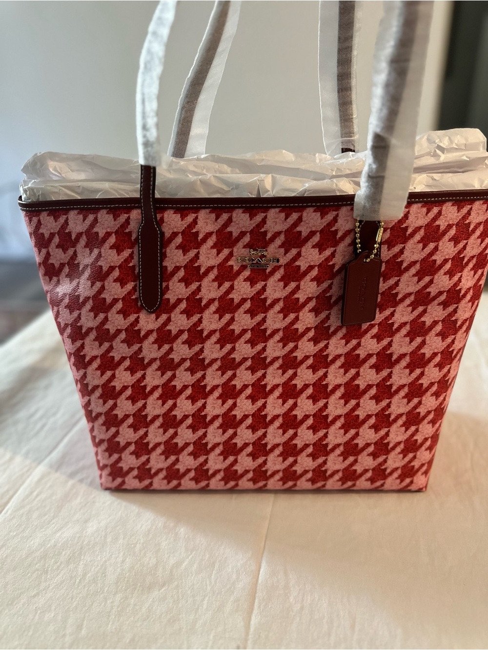 Coach Red and Pink Houndstooth City Tote